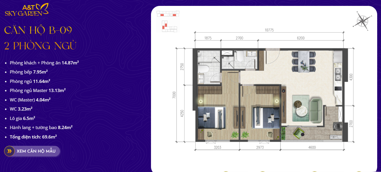 Layout căn hộ 2 phòng ngủ A&T Sky Garden
