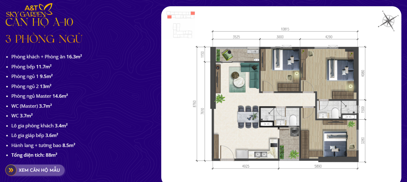 Layout căn hộ 2 phòng ngủ A&T Sky Garden